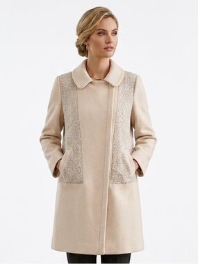 RJR John Rocha Woman Lady US Size 12 Cream Textured Panel Wool Blend Coat Jacket